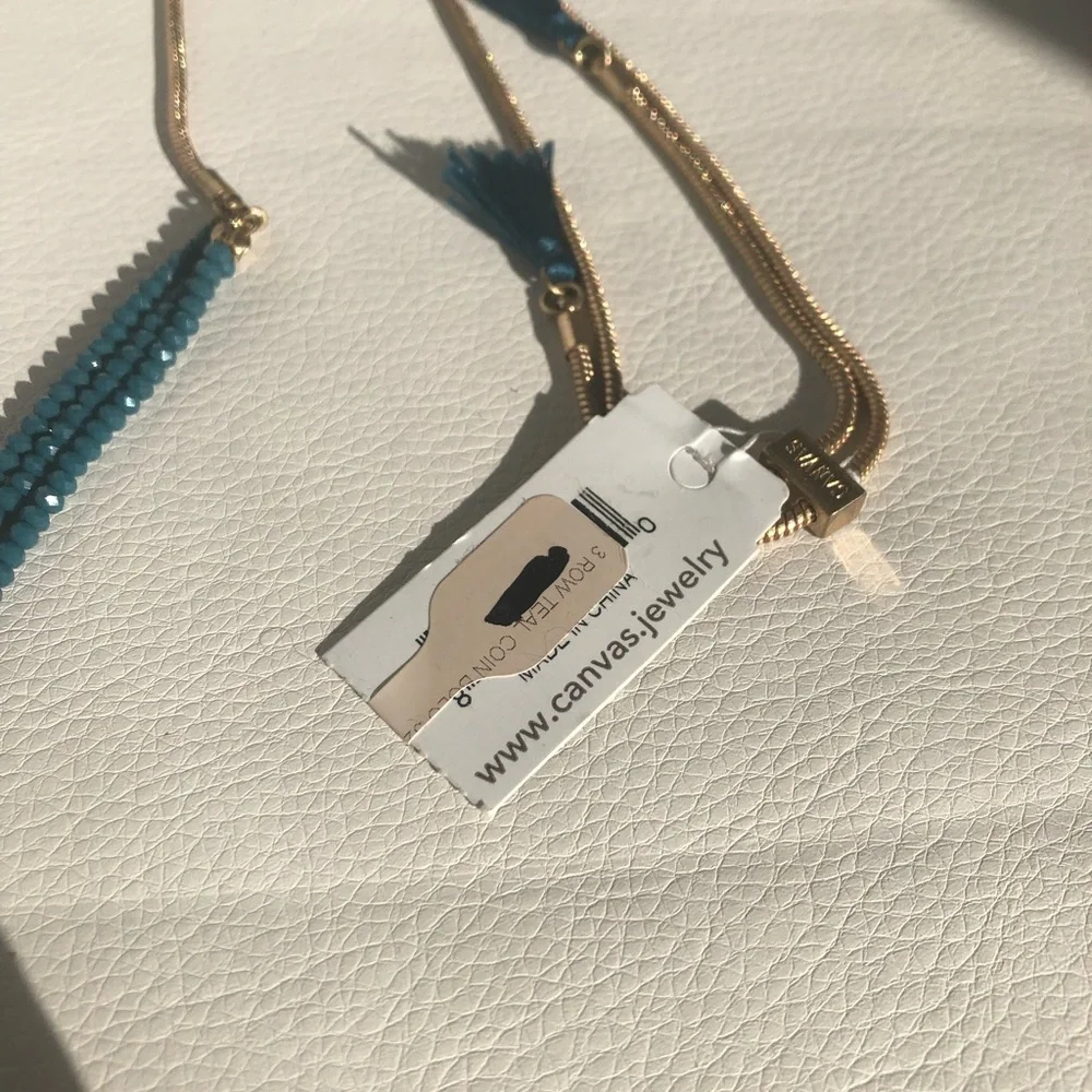 3 row teal coin gold tone Canvas necklace - Picture 8 of 8